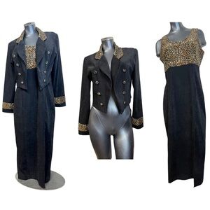 Vintage 1990s Black Velour Leopard Print Dress Jacket Set Elegant Formal Womens